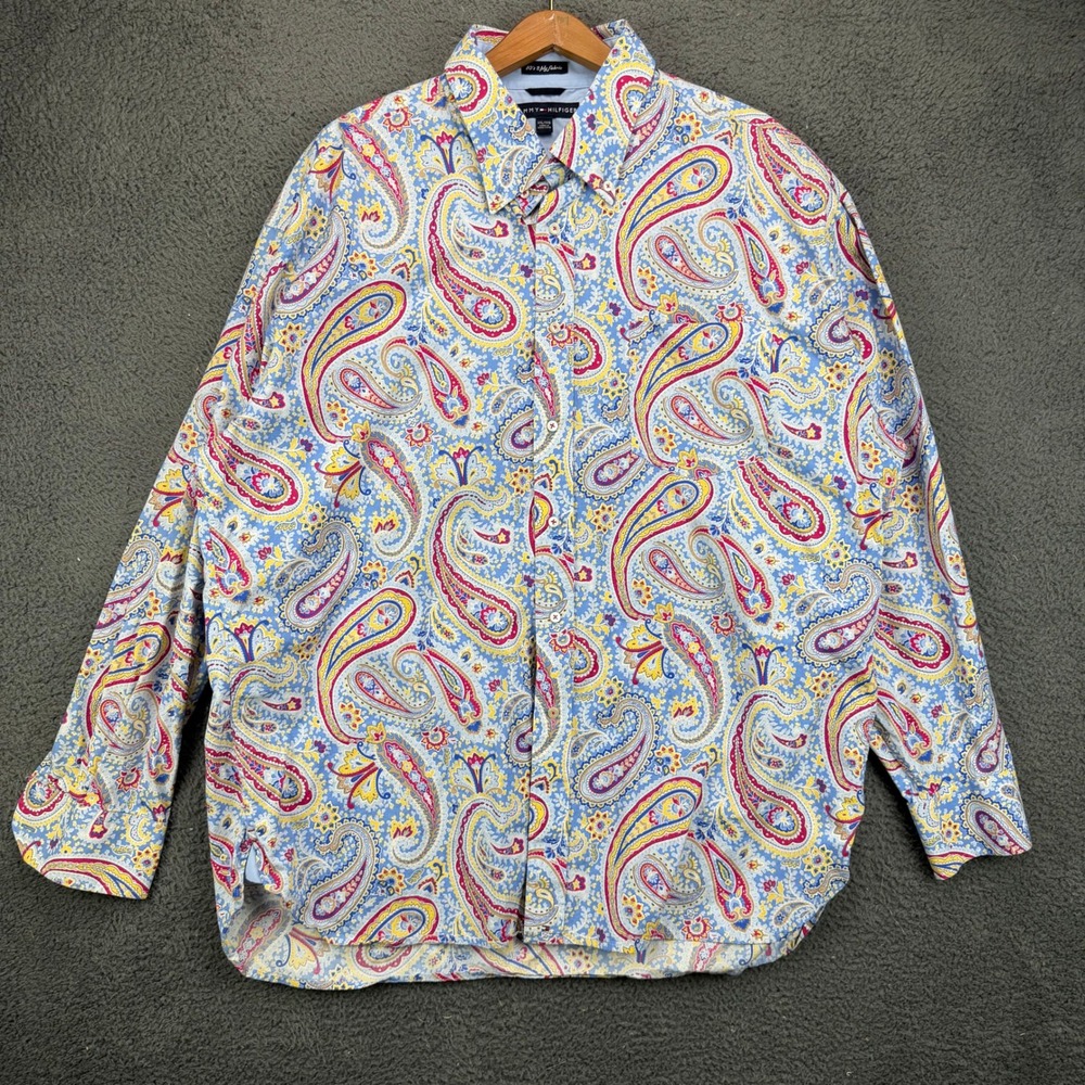 Tommy Hilfiger Womens XXL Paisley Button Down Shirt Blue Pink 80s 2 Ply Fabric
